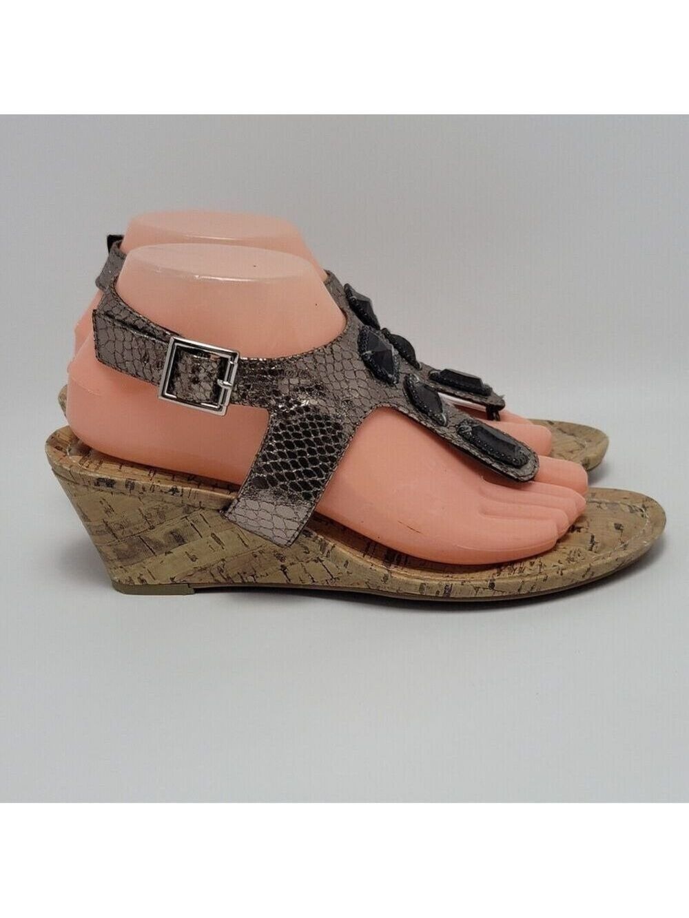 Dex Flex T Strap Metallic Thong Wedge Sandal Gem Stone Jeweled Size 8.5